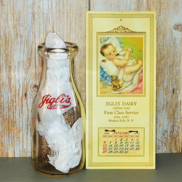2 Piece Vintage Nostalgic Advertising Set Glass Milk Bottle 1935 Calendar - Picture 1 of 6